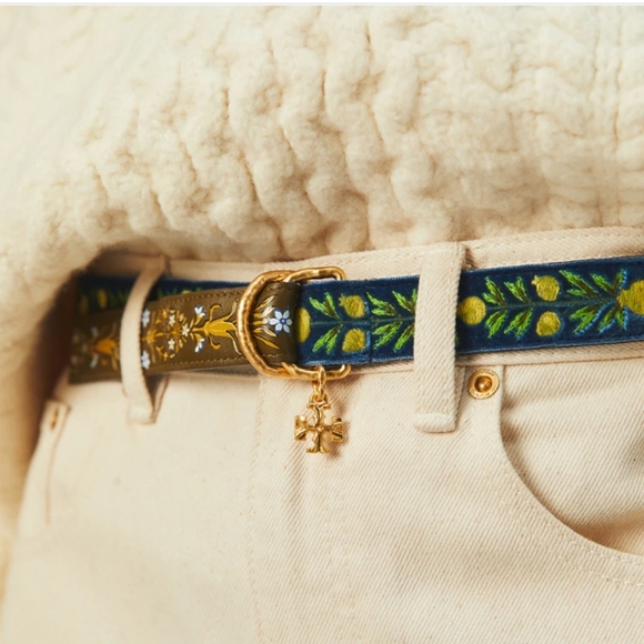 Tory Burch Accessories - Tory Burch Belt Pottery Blue Leccio Reversible Leather Fabric Combo NWOT Small